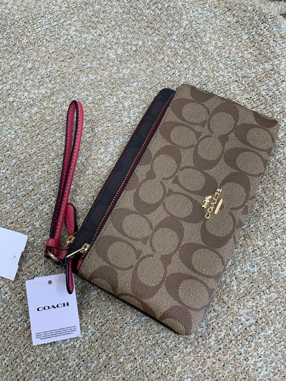 Coach Brown Signature Canvas Wristlet with Pink Strap - Picture 1 of 9